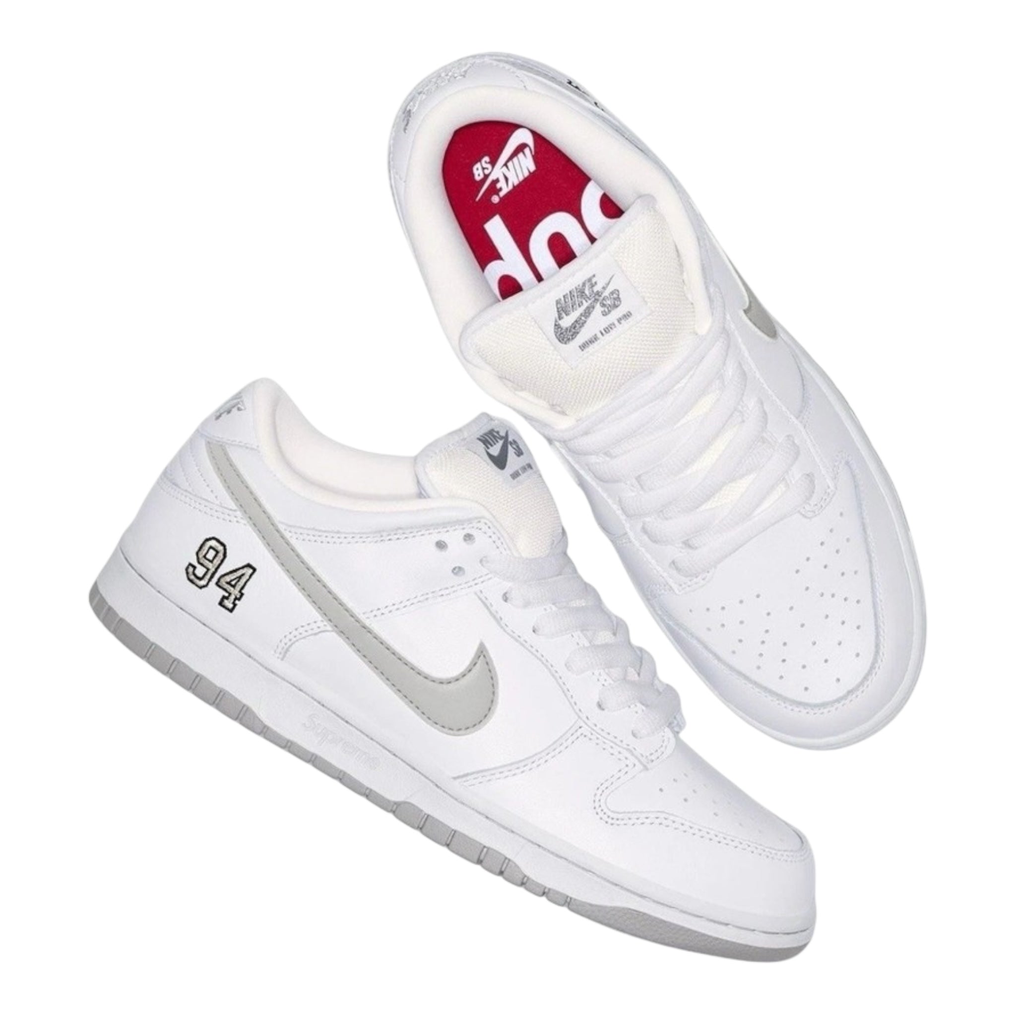 Supreme × Nike SB Dunk Low White Silver supreme-nike-sb-dunk-low-white